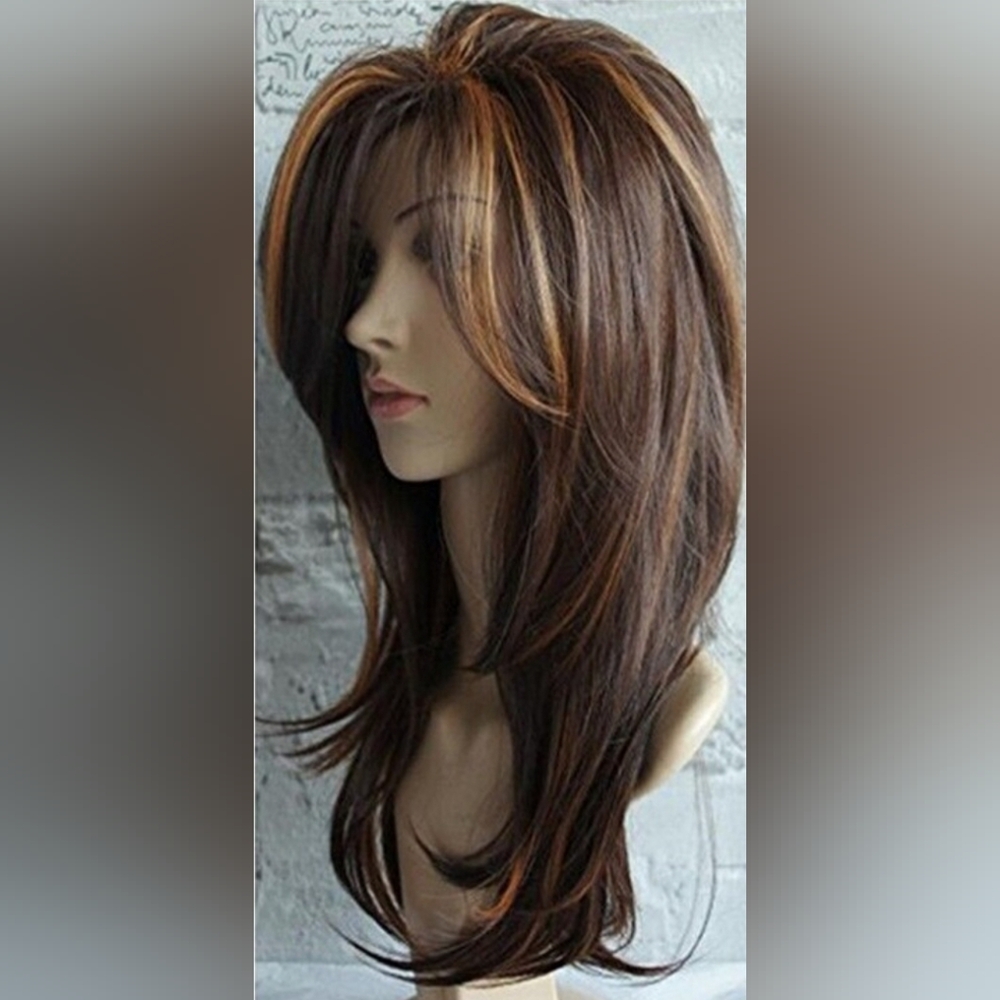 24 Inch Brown Highlight Layered Human Hair Blend Hair Wig